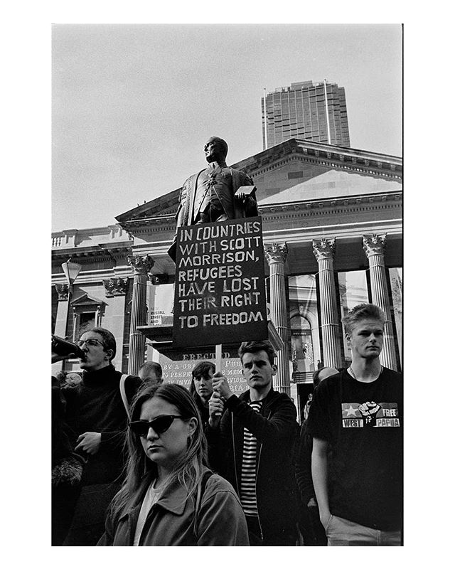 Free the refugees rally. 
Protests are my favourite environment to take photos in. For the most part they are peaceful but dynamic, when you do get violence it can be confronting and almost disturbing.

Leica M6-35mm Summircon ilford HP5 with a Yello