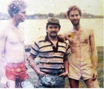 Kevin Gale (left), Tico Tudela (center) and Yossi Ghinsberg (right) two days after rescue by the Beni River 1981