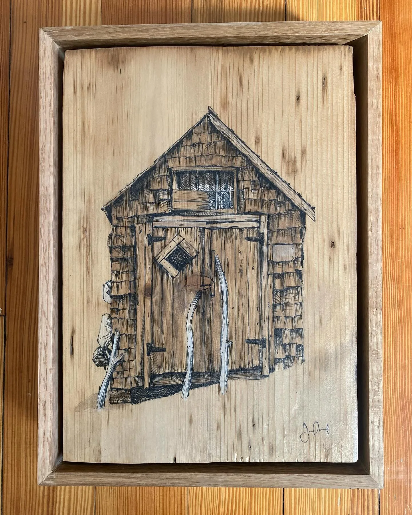 PTown Dune Shacks have been home to artists and writers since the 20s. They are works of art in their own right. -- ink drawing on reclaimed wood with custom frame. 
#illustration #inktober #capecod #beachart #reclaimedwood