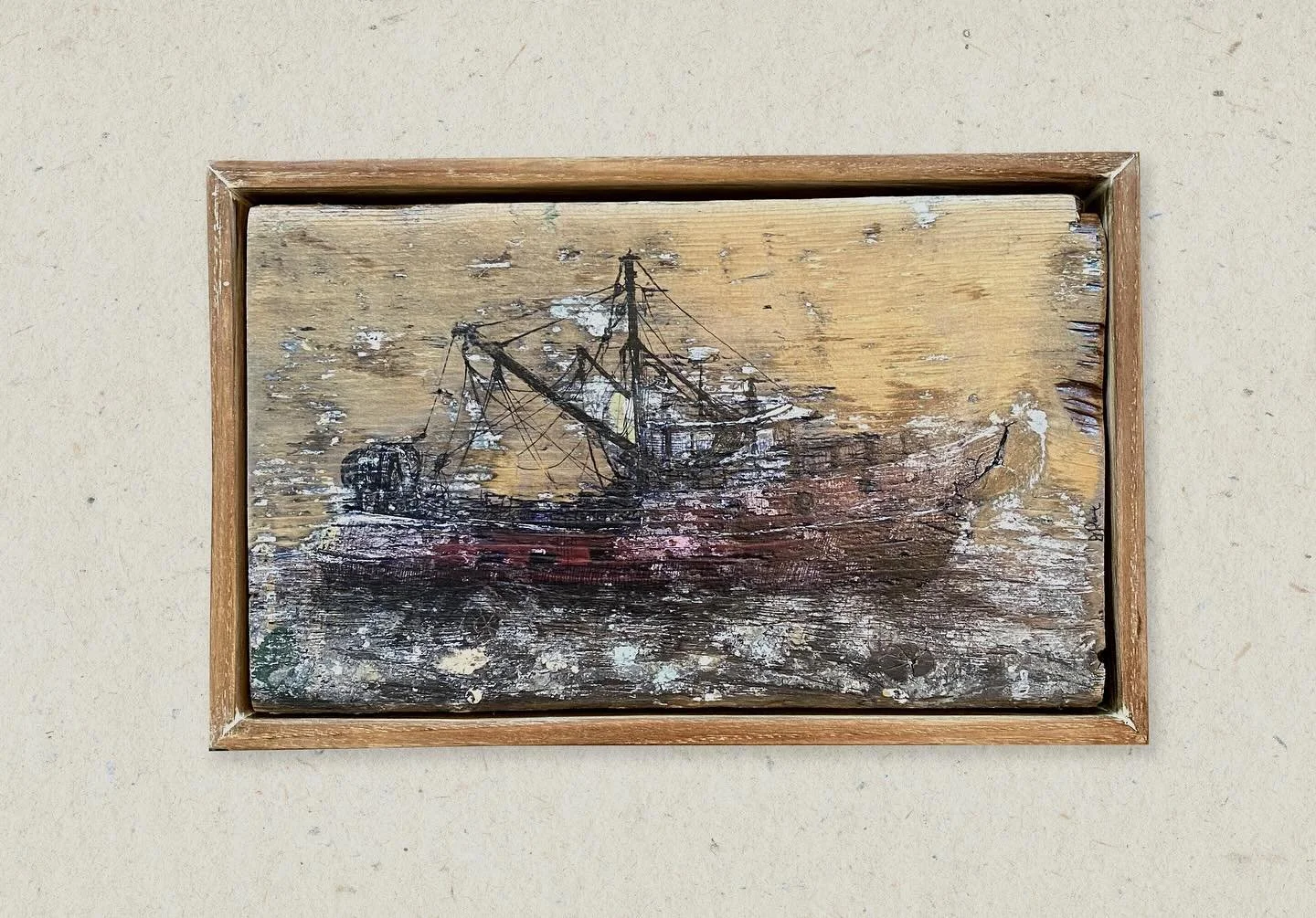Grungy fishing boat, done on reclaimed wood from an old painters studio. #painting #reclaimed #fishing #boat #illistration