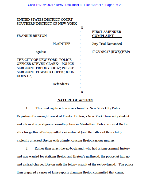 False Arrest and Malicious Prosecution Civil Rights Case: Breton v. City of New York