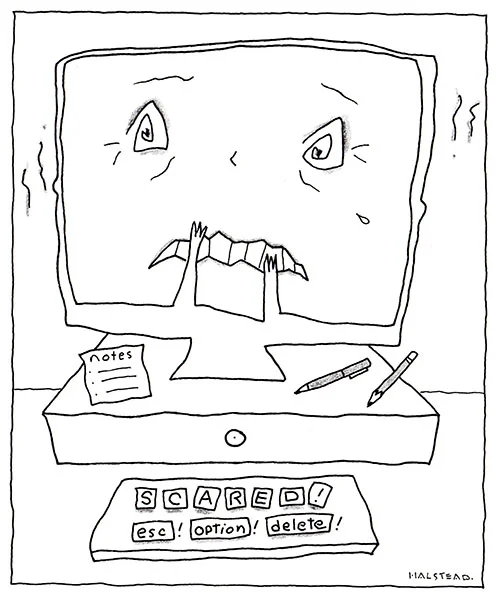 Computer face scared about blogging.