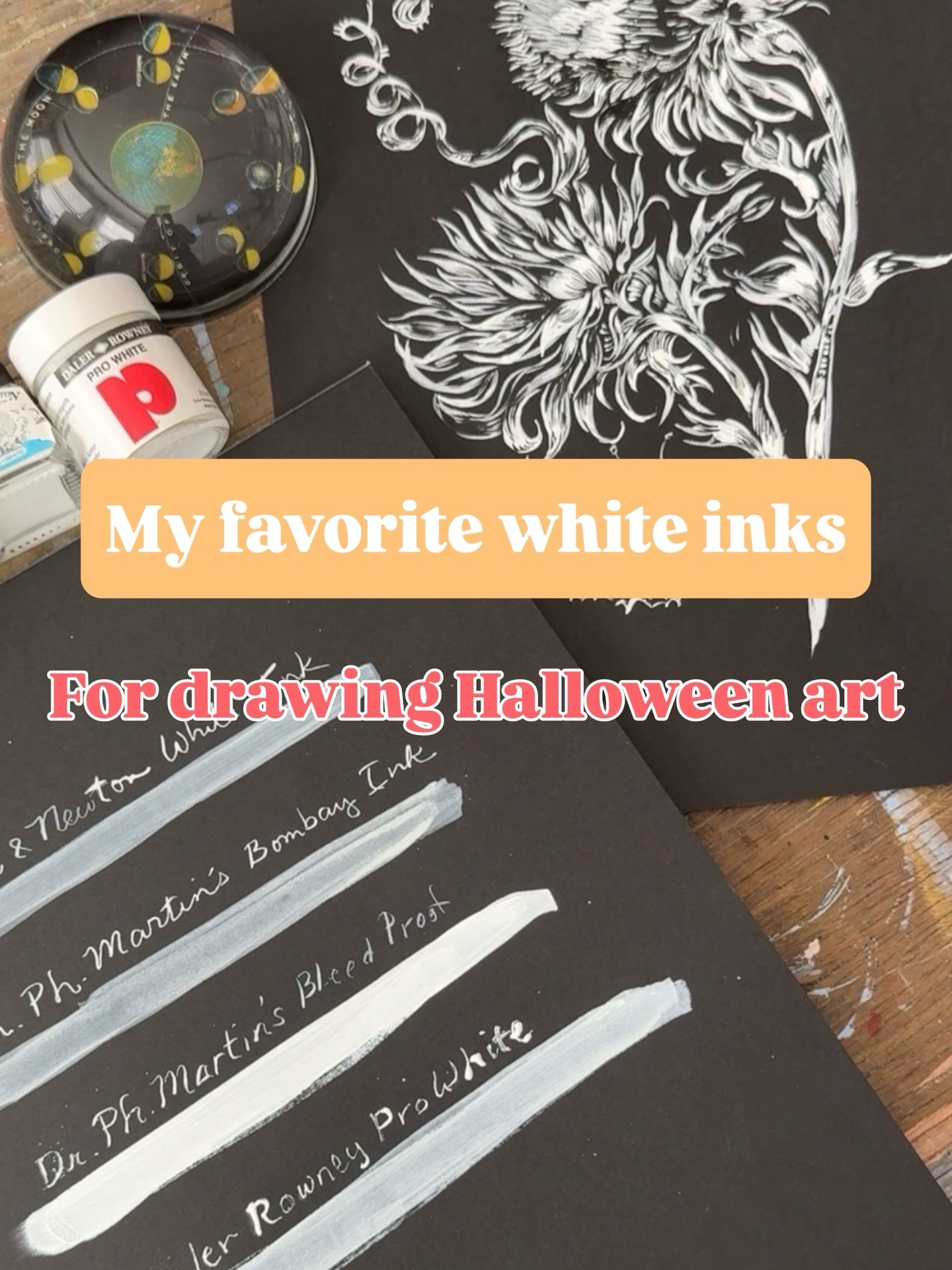 What artist isn&rsquo;t entranced by supplies? I&rsquo;m guilty, too, of buying things and not knowing much about them.

Here I&rsquo;m sharing info from my bin of white inks- perfect if you want to draw or paint on black or dark paper.  Try them out