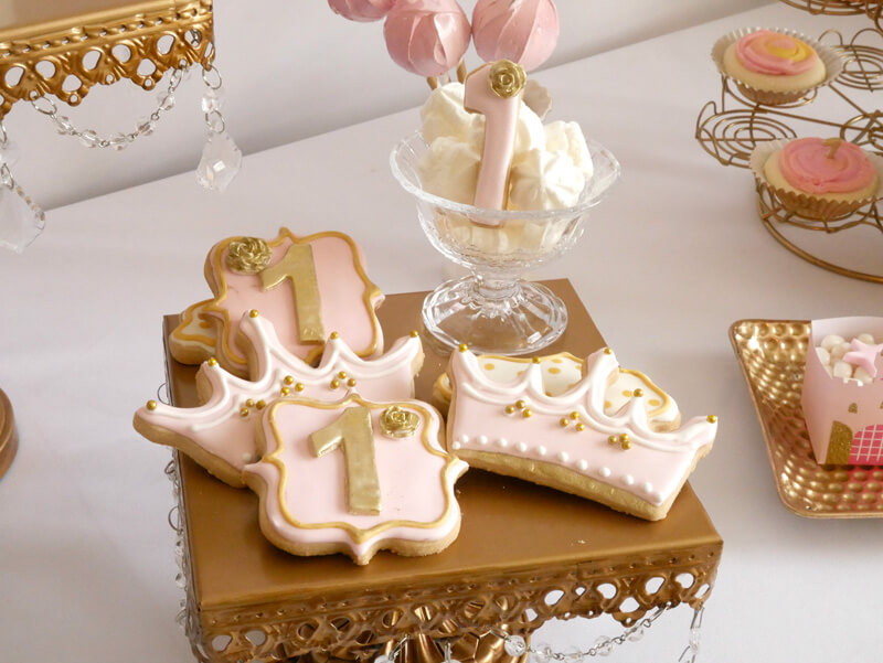 Cute first birthday pink and gold cookies