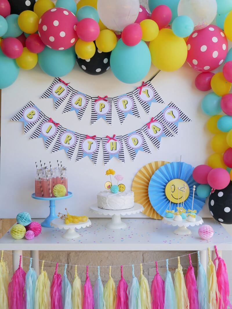 Emoji Birthday party ideas and dessert table, cute backdrop with balloons.