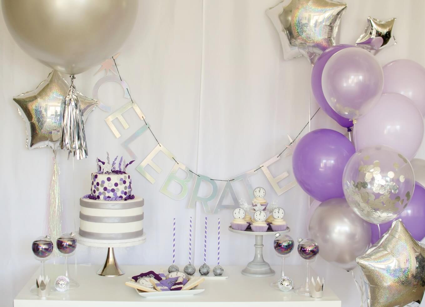 Ultra Violet New Years party idea, desserts and decor inspiration / New Years Eve Party Dessert Tablescape / Created by Carolina from Mint Event Design www.minteventdesign.com