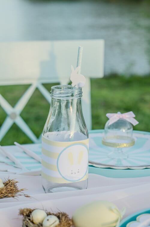  Cute bottle wrappers for the milk bottles add the perfect detail to this Easter Garden Party for Kids. The Easter wrappers are a free download from Mint Event Design www.minteventdesign.com #easterparty #gardenparty #partysupplies #tablescape #easte