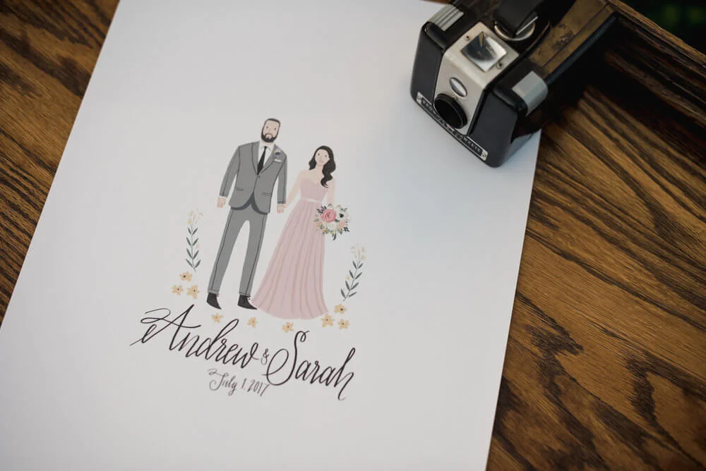French country wedding inspiration guestbook, illustration.