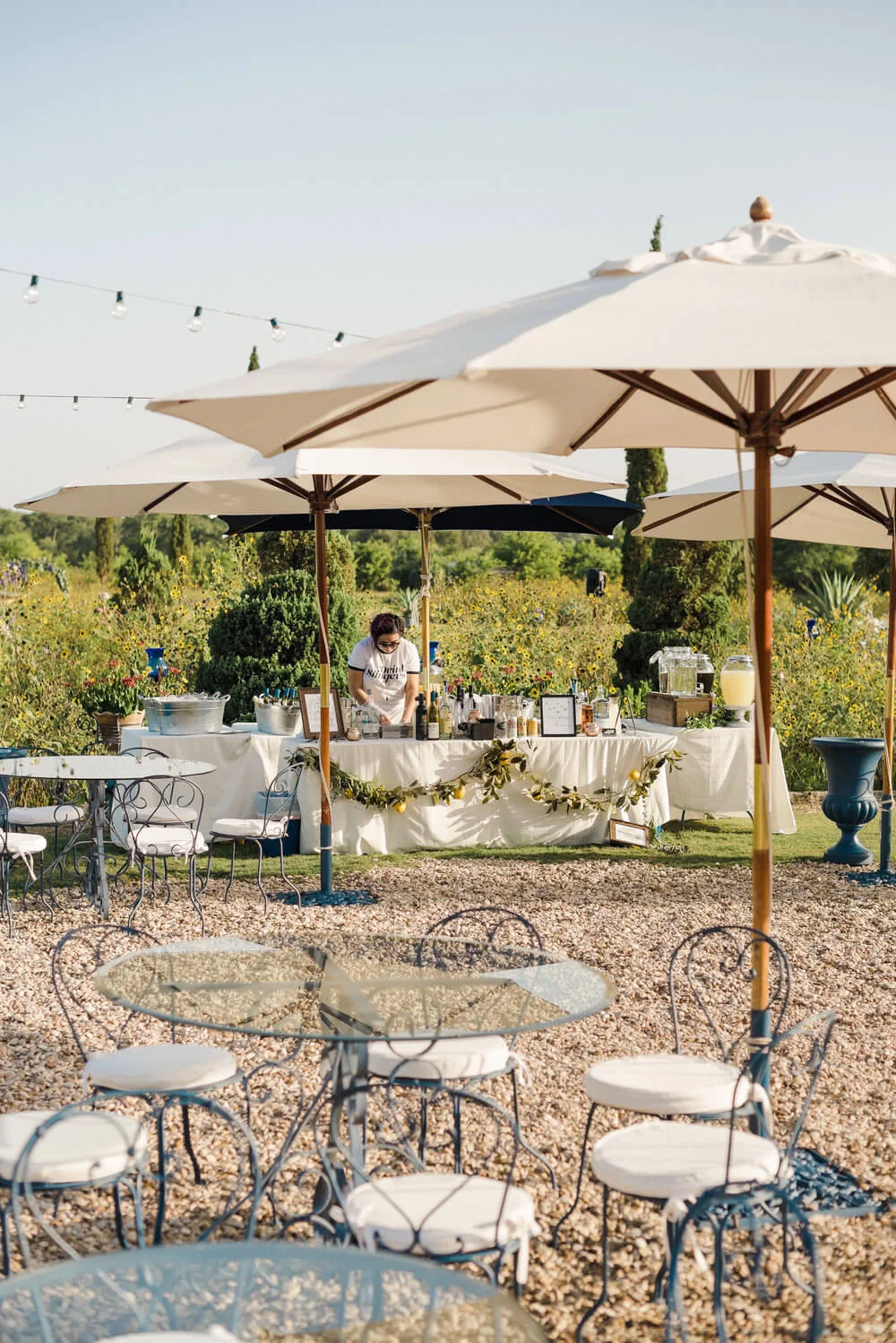 French country wedding inspiration around bar and drink tables.