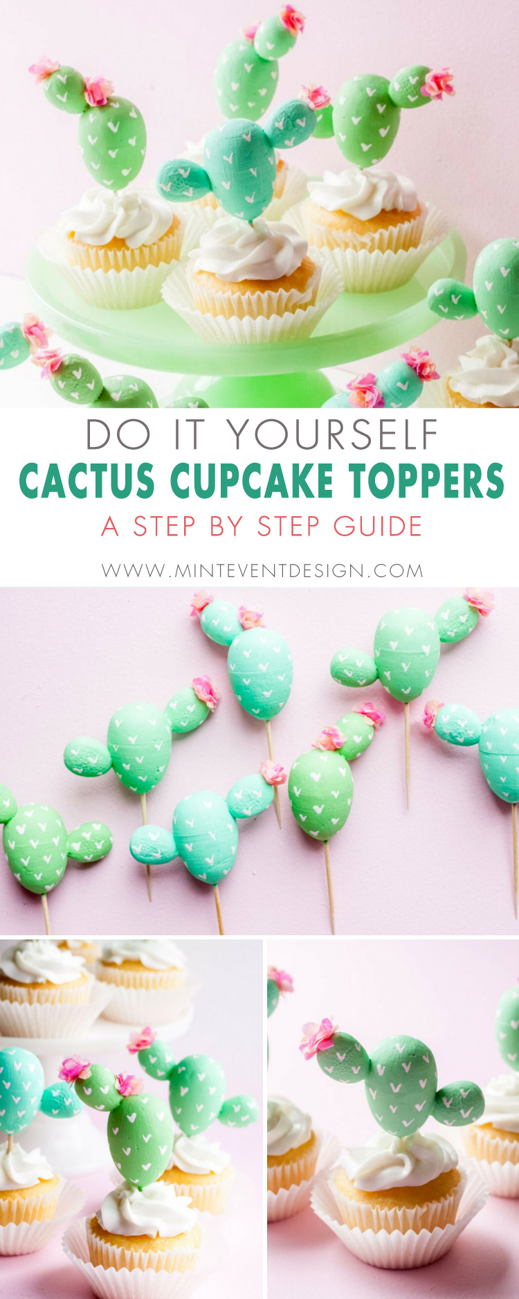 These adorable do it yourself cactus cupcake toppers are so easy to make and only require a few party supplies. The DIY Cactus Toppers are great for any Cinco de Mayo party, southwestern wedding or cactus themed party. Be sure to visit Mint Event Design www.minteventdesign.com #cupcaketoppers #cactusparty #cincodemayo #cactus #cactusdecor #partyideas #diypartydecor #partycrafts