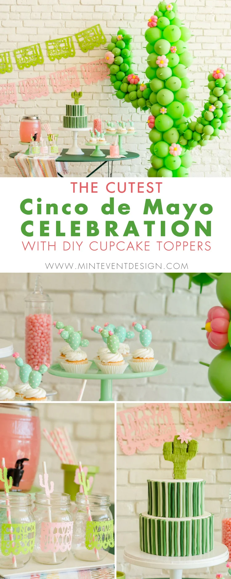 The Best Cinco de Mayo Party Ideas including the cutest Cactus Balloon Art you’ve ever seen and adorable DIY Cactus Cupcake Toppers. There’s everything from Papel Picado decor to Sahuaro party ideas in the mint and pink color palette. Come on over to Mint Event Design to find your favorite cactus party inspiration. www.minteventdesign.com #cactusparty #cincodemayo #cactus #cactusdecor #partyideas #diypartydecor #partycrafts
