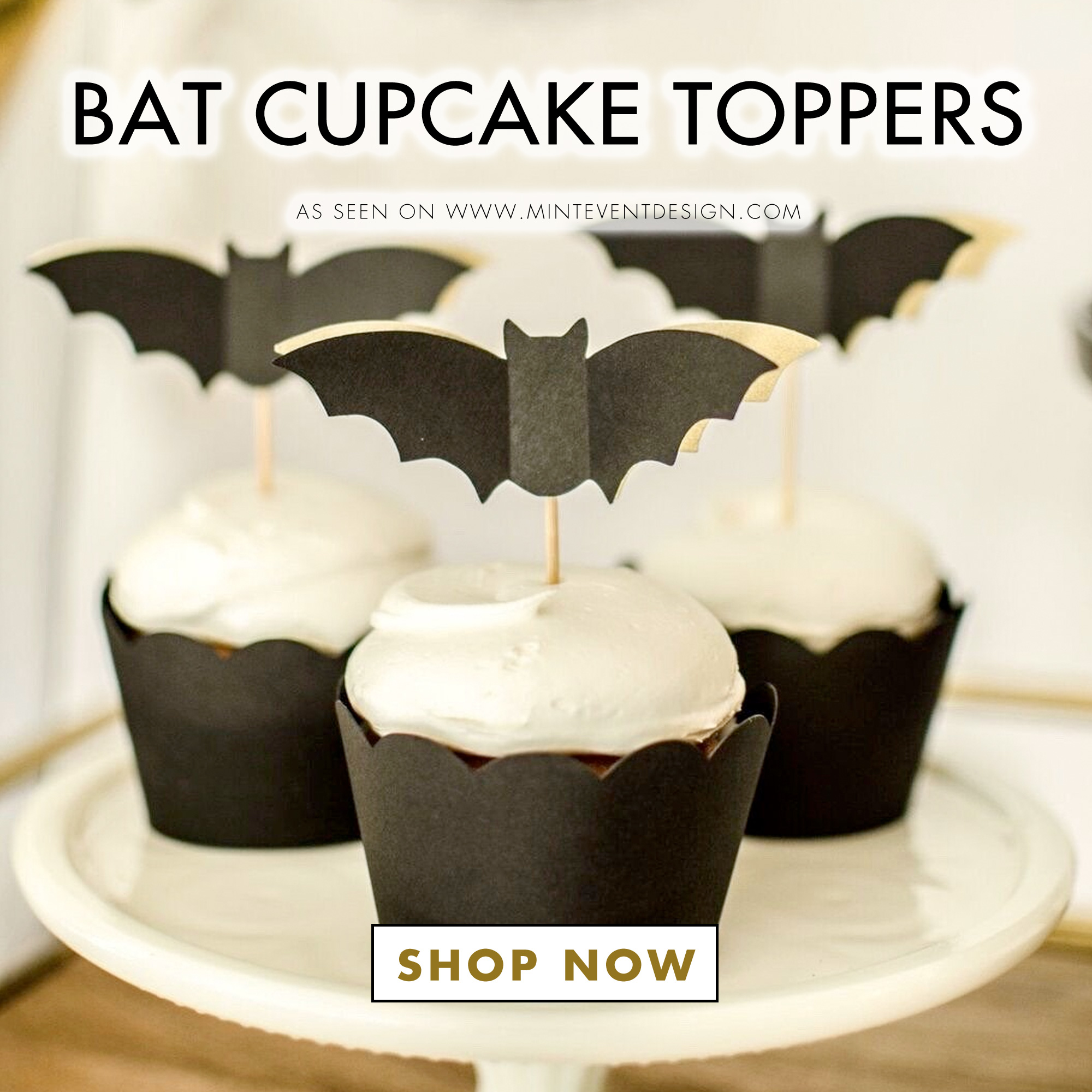  Shop Bat Cupcake Toppers for your Halloween Parties. They’re perfect for your Halloween Bar Cart Styling. See all the Halloween Set Up Details on Mint Event Design. www.minteventdesign.com #halloweendecor #halloweenparty #halloweenpartyideas #barcar