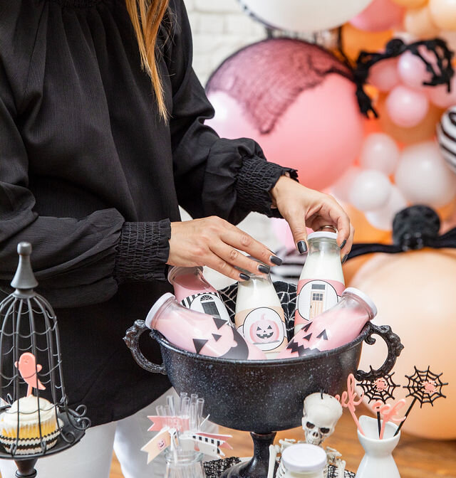 Unique Pink Halloween Party drinks and printable labels - get them and the rest of the party inspiration now at minteventdesign.com!