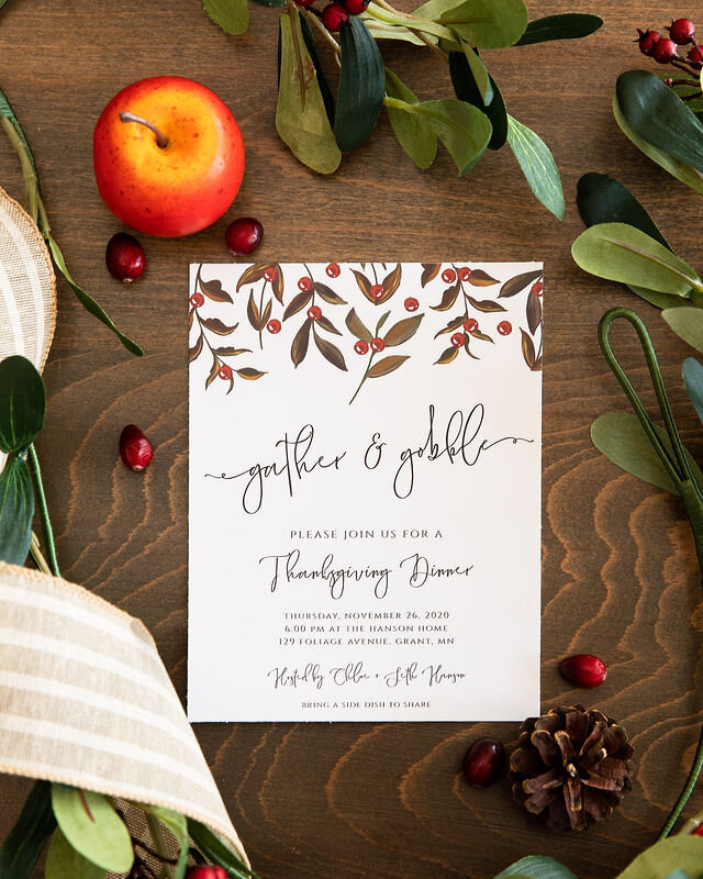 Printable Gather and Gobble Cranberry Thanksgiving Invitation. Details at minteventdesign.com!