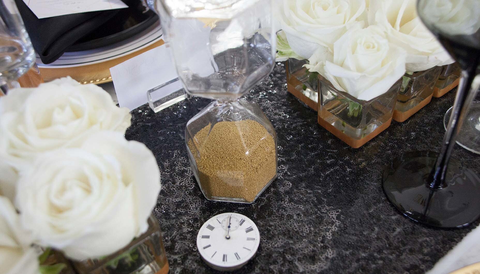 Mixed metallic NYE party inspiration - Vintage Time Pieces - Get more New Year’s Eve decor ideas now at minteventdesign.com!
