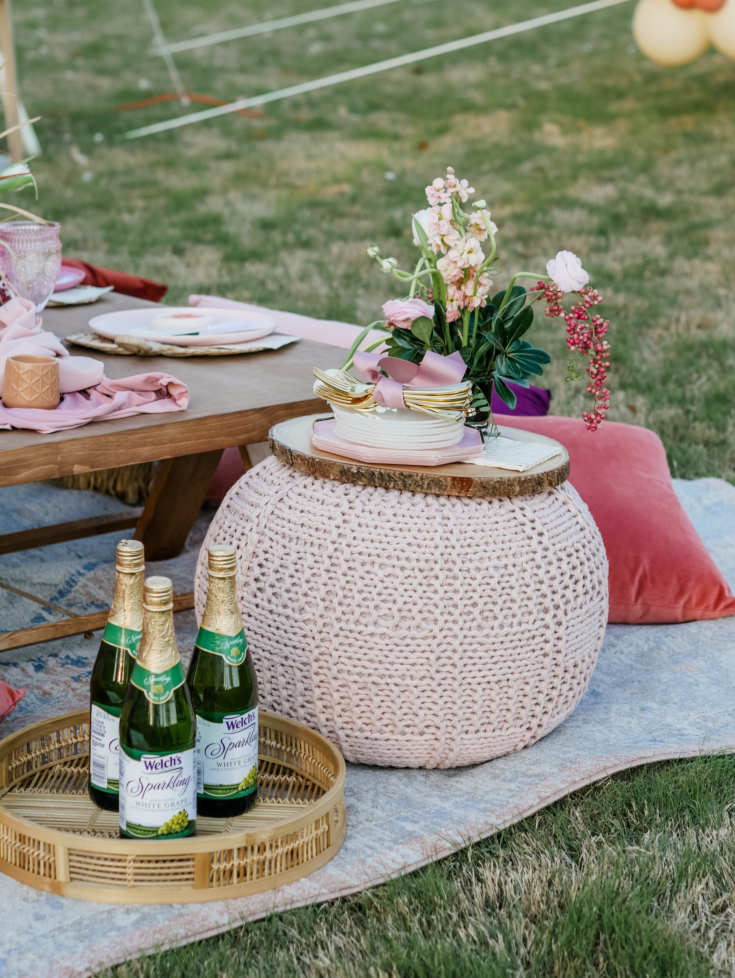  Boho Chic Table Setting for a luxury backyard Glamping experience - with large rentable tent and picnic area from MINT Event Design in Austin, TX! Perfect for teen slumber parties, birthday parties, or bachelorette parties. See how event designer Ca