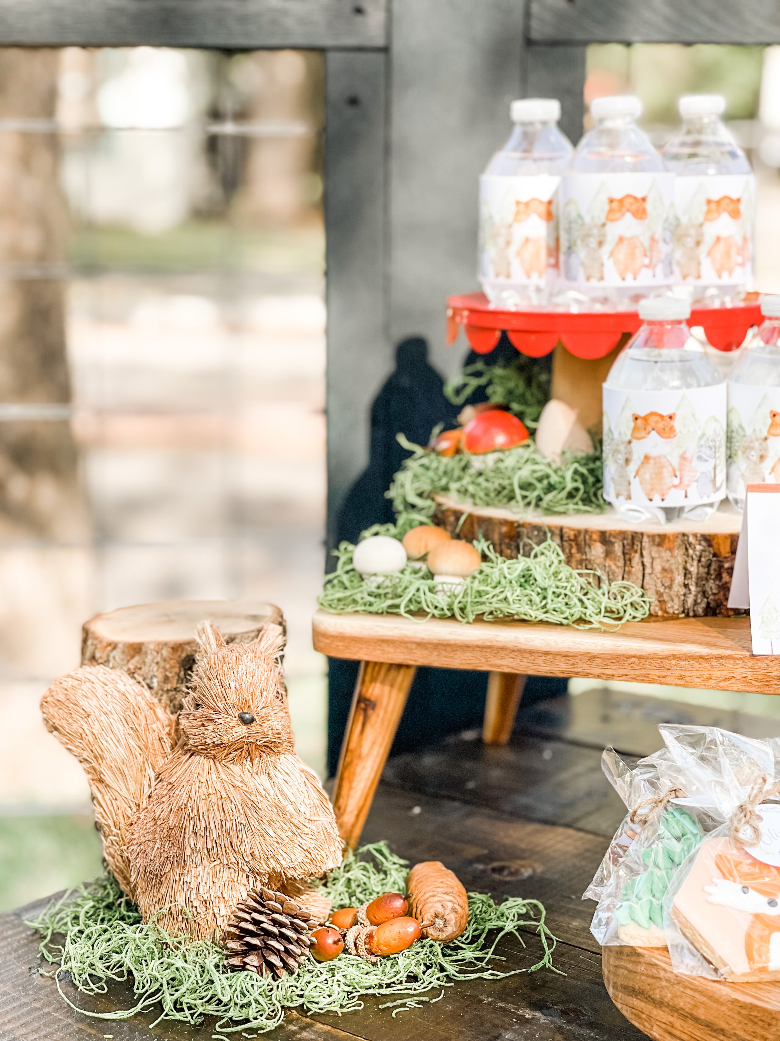  Woodland forest party drink station with animal and plant decorations and water bottles wrapped in woodland creature labels set up on wooden stands. 