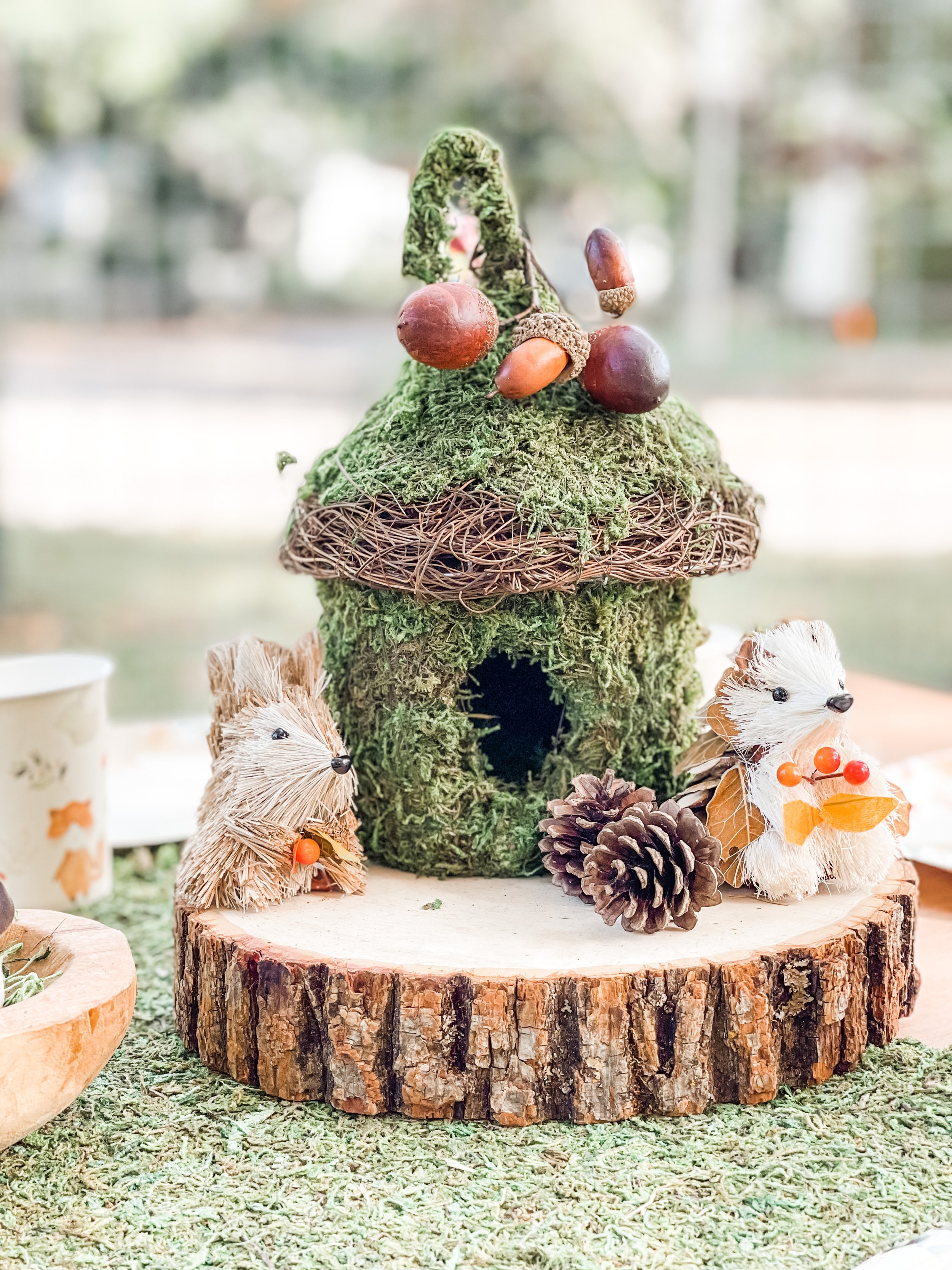  outdoor woodland party centerpiece with mossy house, pinecones, and woodland animal decorations 