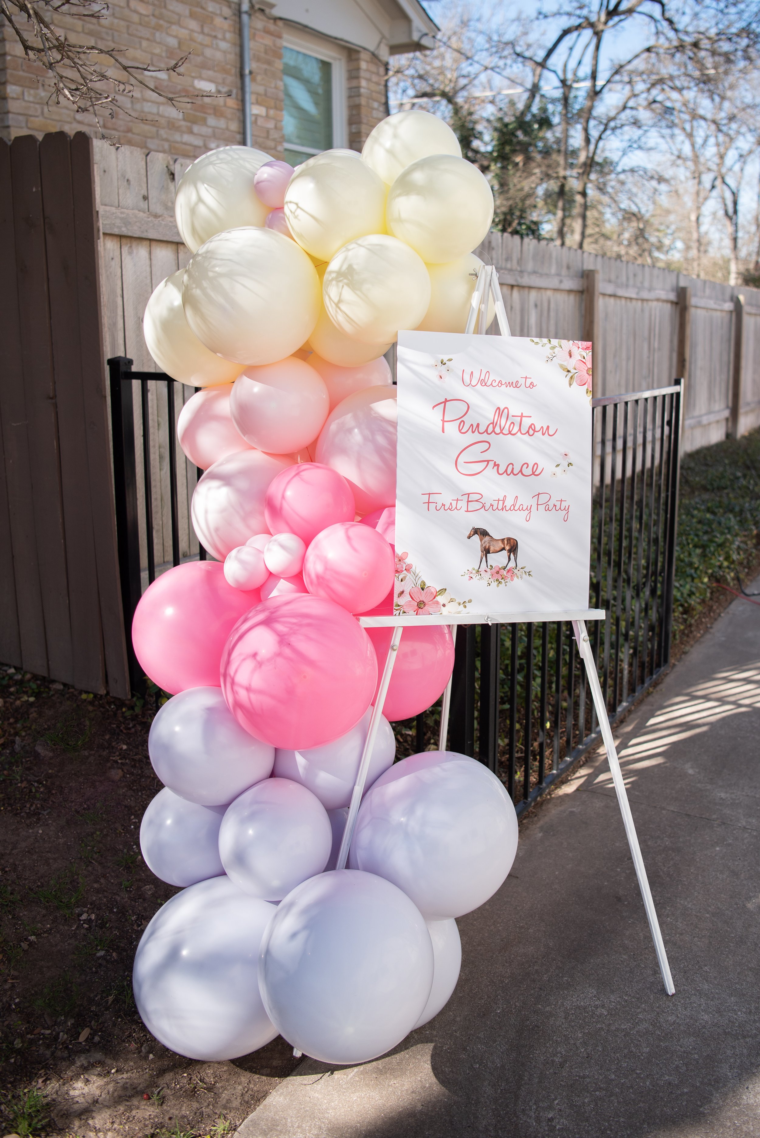 Welcome sign and balloon garland for a pony-themed first birthday party. Get details from event designer Carolina of MINT Event Design in Austin, TX at www.minteventdesign.com!