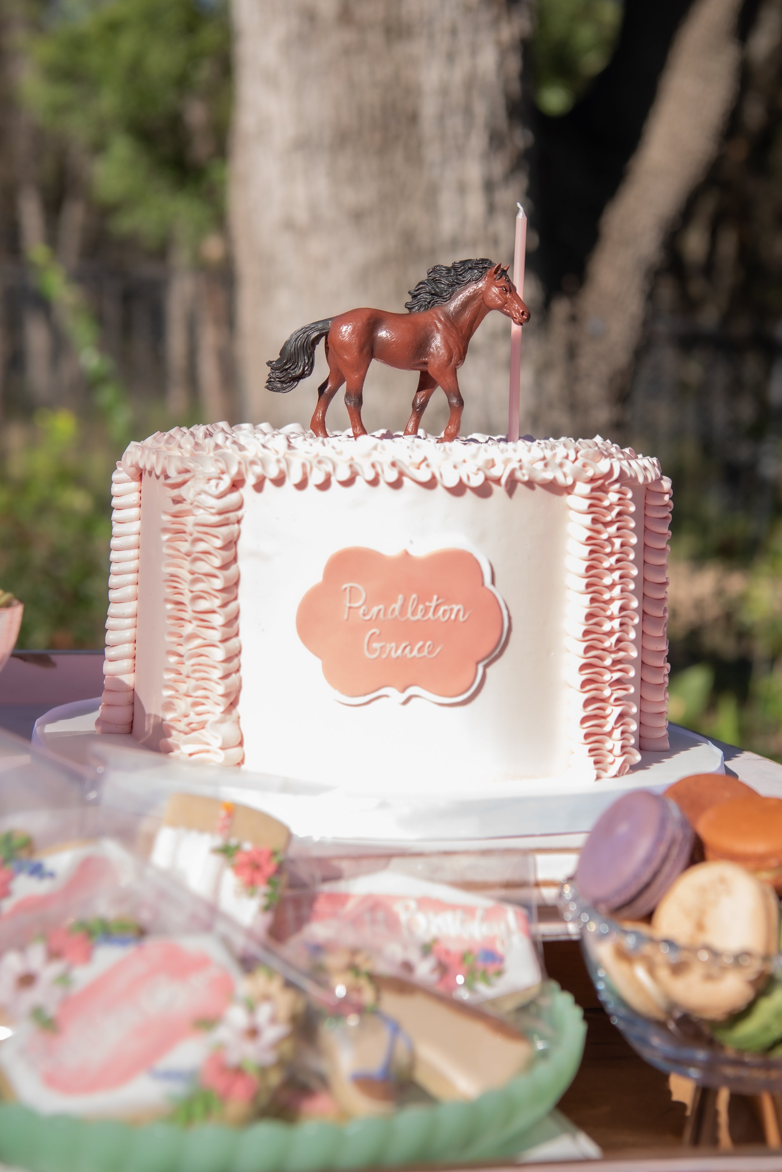 Sweet treats set up on a rustic dresser for a pony-themed first birthday party. Get details from event designer Carolina of MINT Event Design in Austin, TX at www.minteventdesign.com!