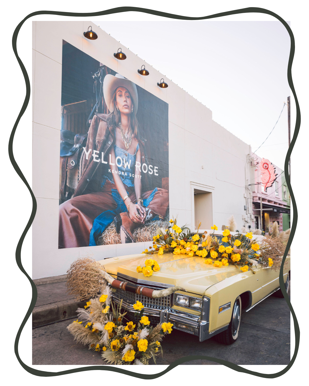 Yellow Rose corporate event display with a vintage car featured in the Austin event design portfolio.