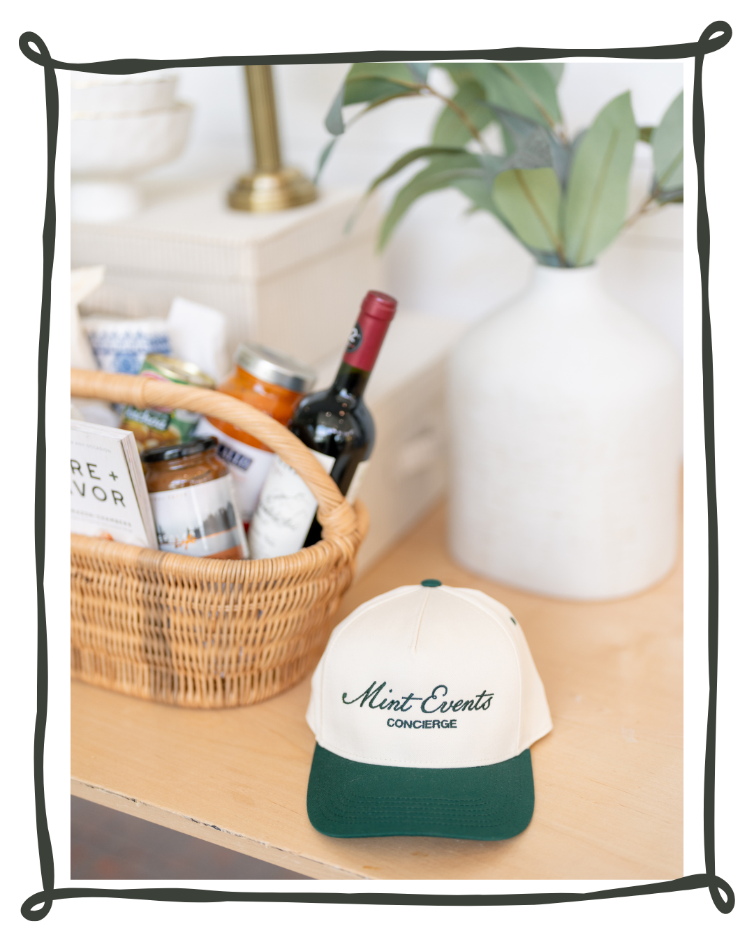 Mint Events Concierge gift basket and branded hat featured in the Austin event design portfolio