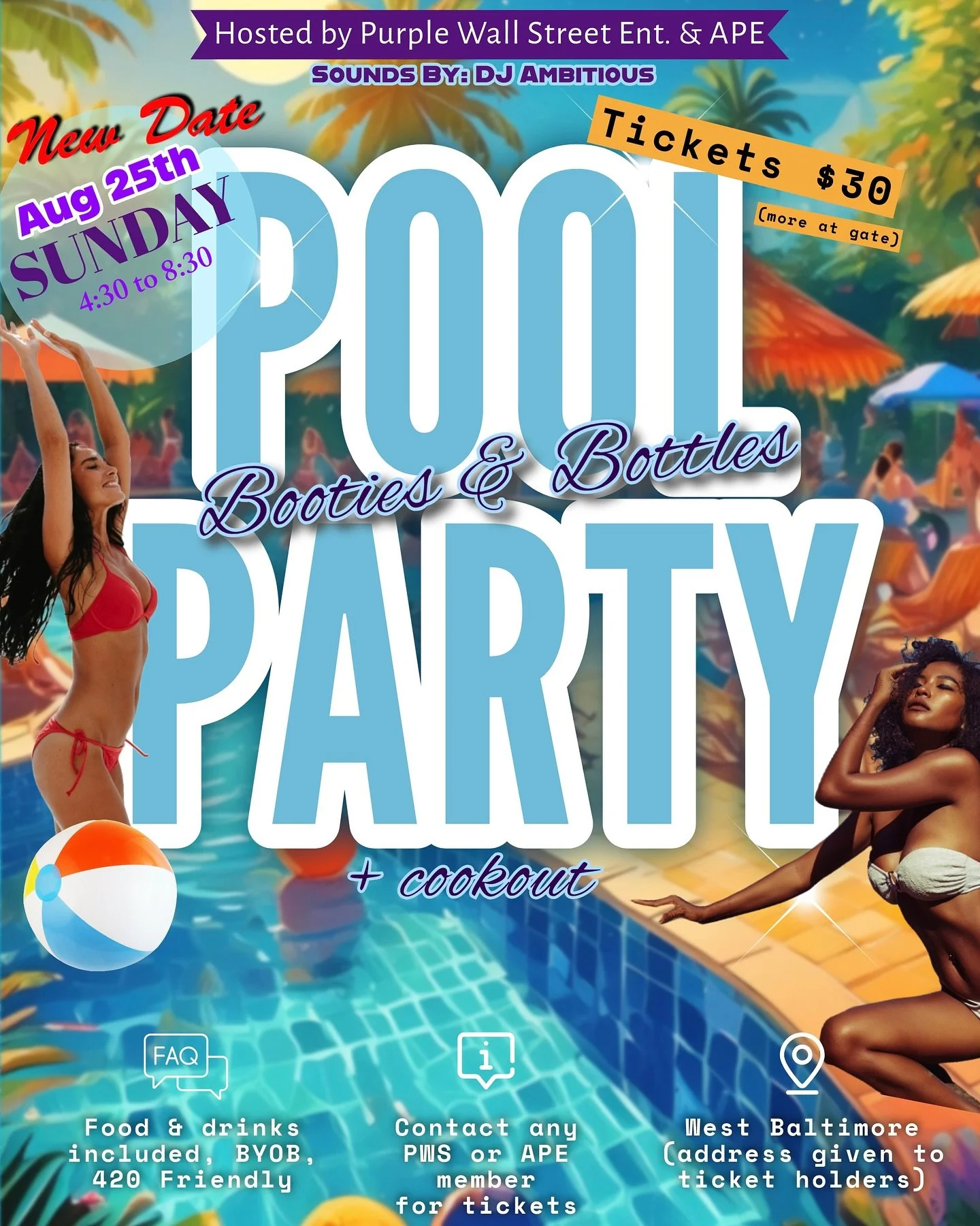 🚨Pool party rescheduled to Sunday, 8/25 🚨

We did a poll and majority of ticket holders voted to push the party to next weekend when the weather is better so that&rsquo;s what we&rsquo;re doing. Tickets are LIMITED but currently back on sale for th