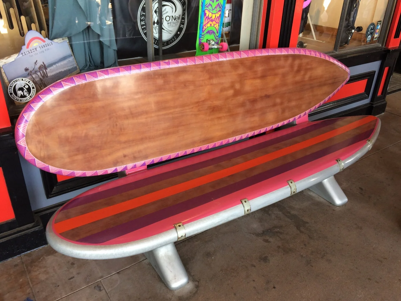 Surf bench with skate stoppers, Santa Cruz Boardwalk.