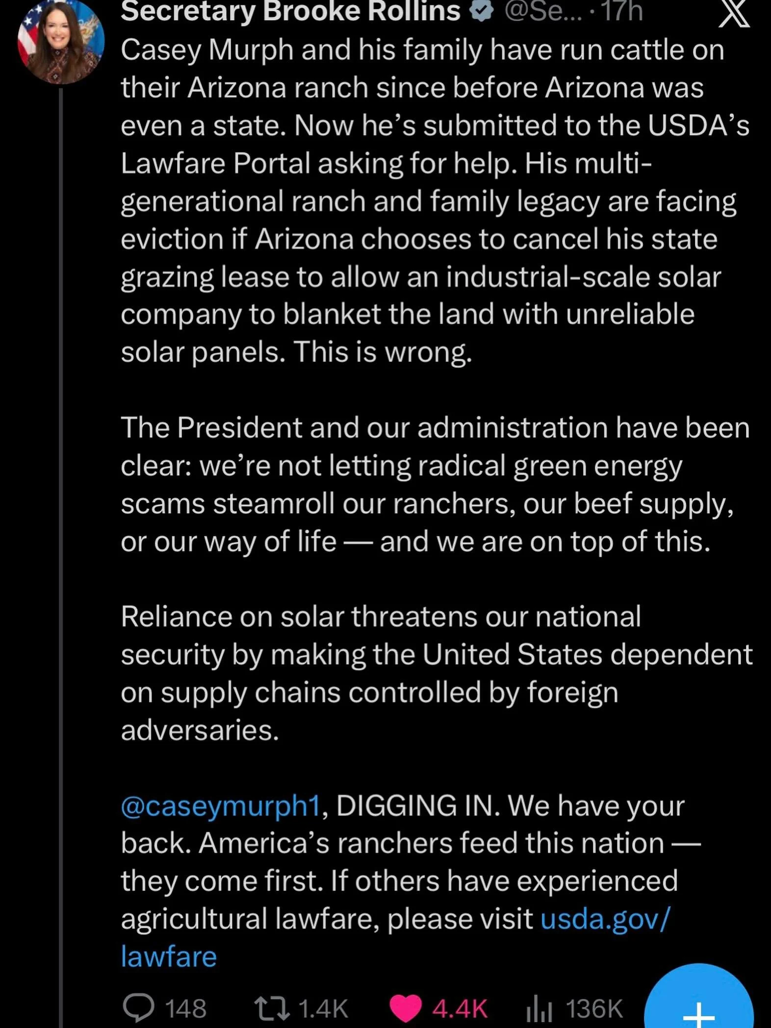Trump and Rollins USDA are the exact opposite of what the Biden Vilsack USDA was, and that is exactly what rural America needs. Thank you @secrollins