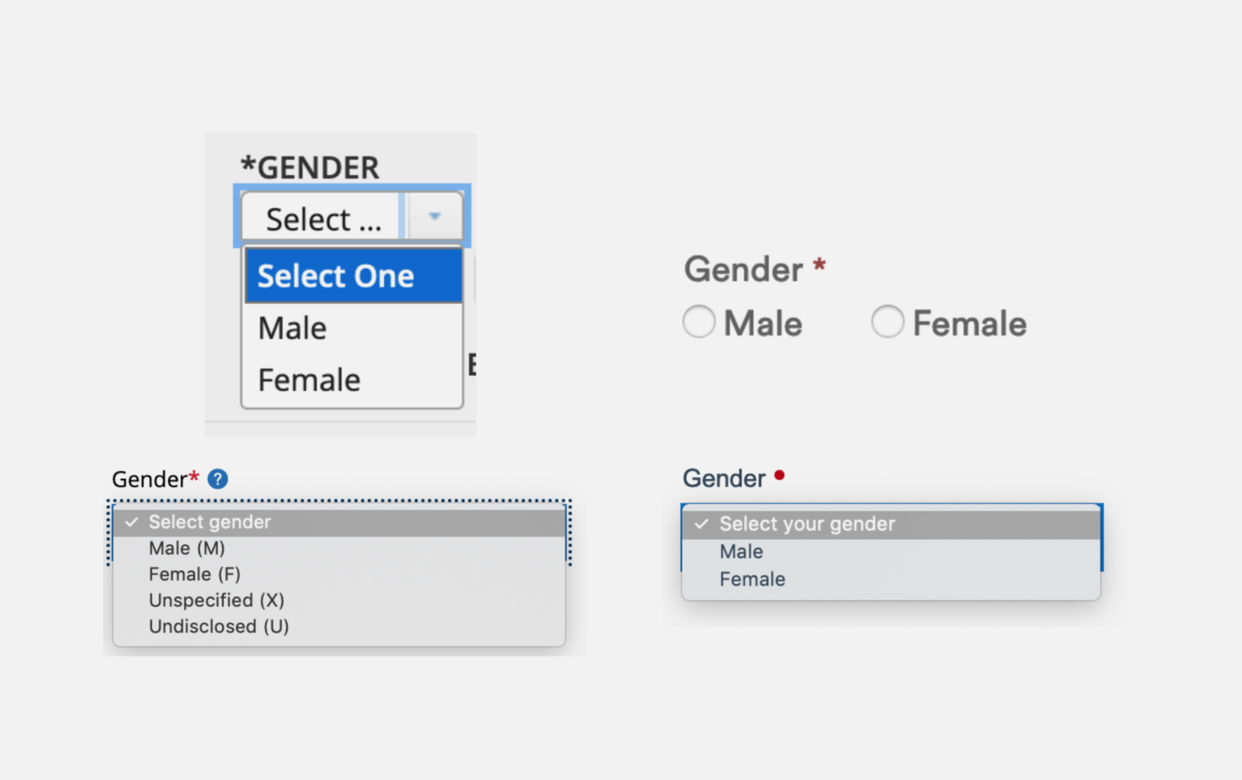 No wonder every gender dropdown starts with ”Male” — and in many cases excludes non-binary people. (Source: image from the  Building Socially Inclusive Design Systems presentation  by Tatiana Mac)