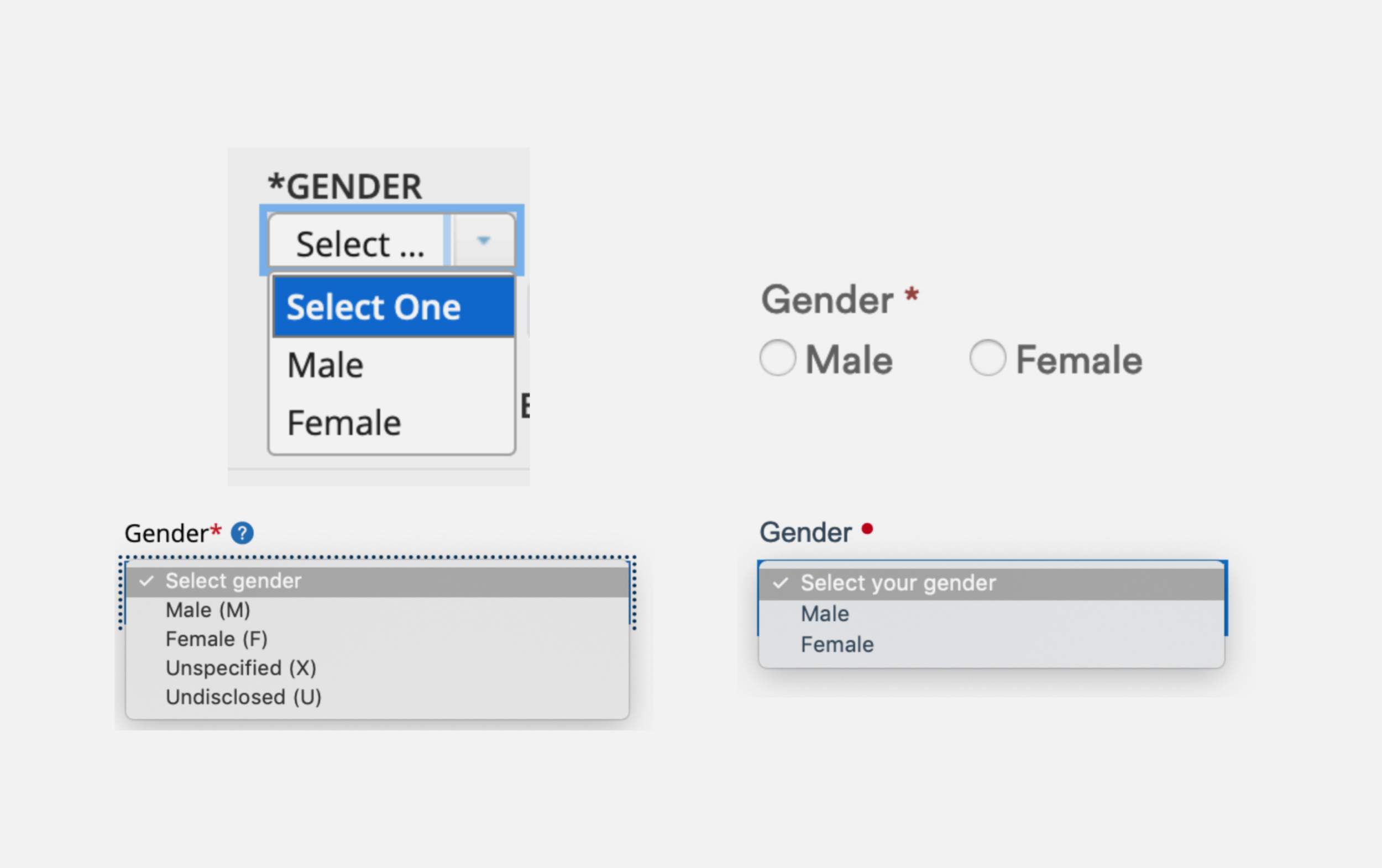 No wonder every gender dropdown starts with ”Male” — and in many cases excludes non-binary people. (Source: image from the Building Socially Inclusive Design Systems presentation by Tatiana Mac)