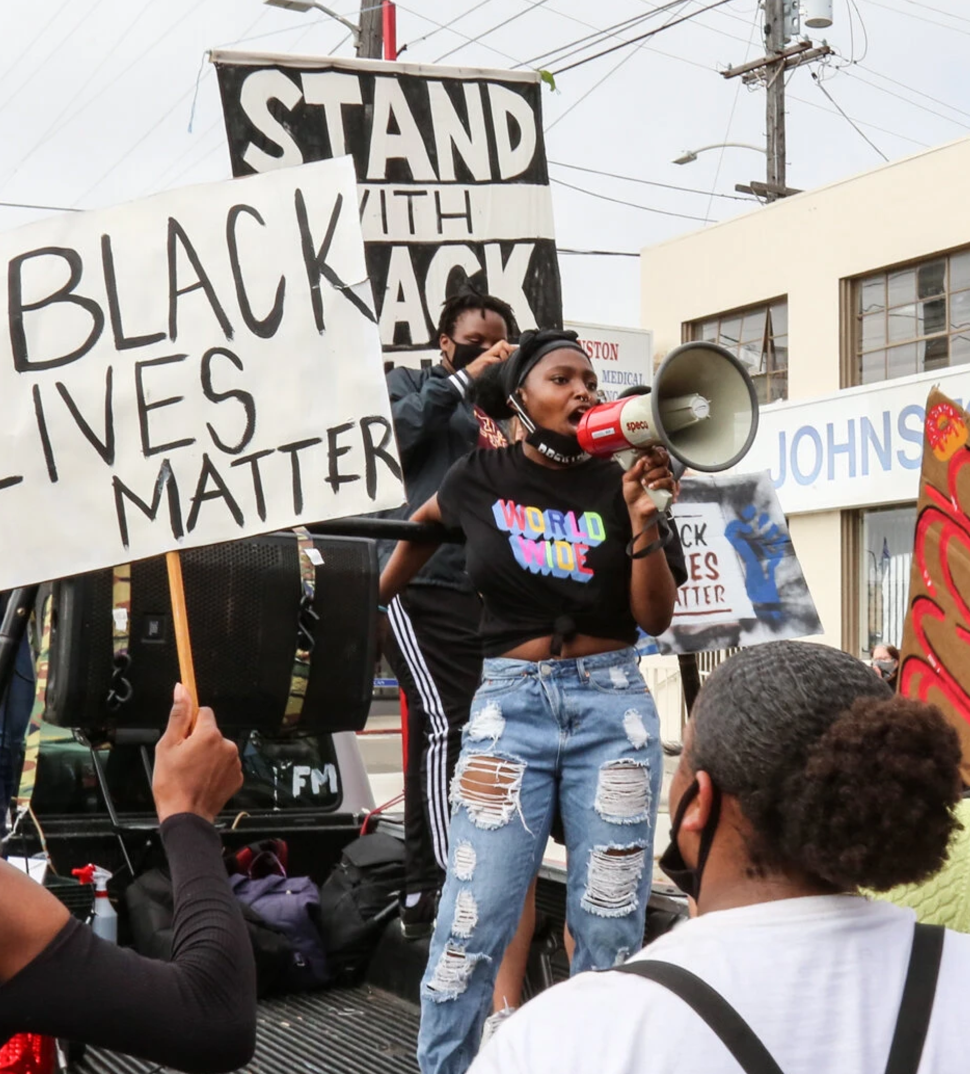 Activist chanting in a Black Lives Matter protest in Oakland California.