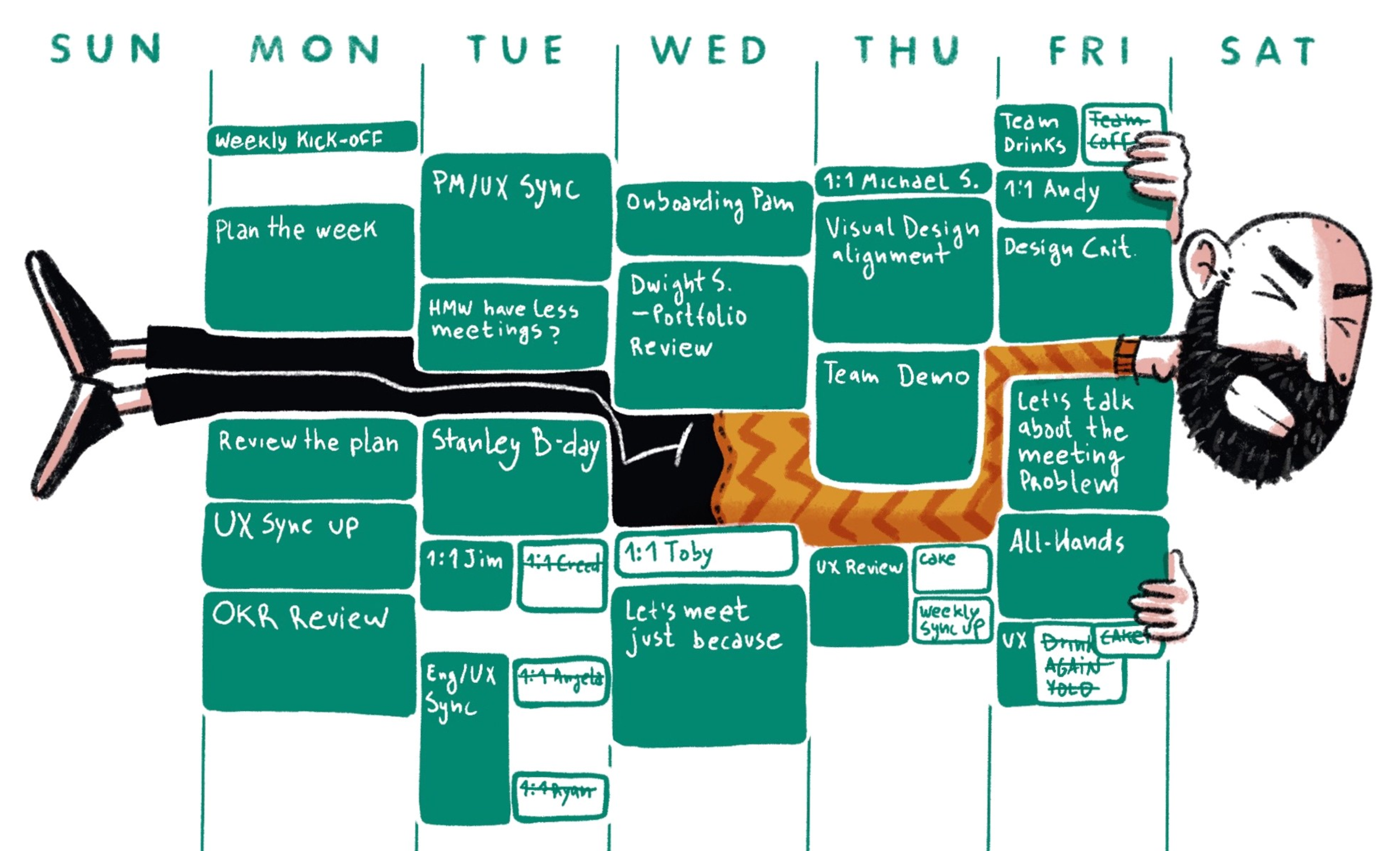 Cartoon of person squeezed between the meetings in a weekly schedule.