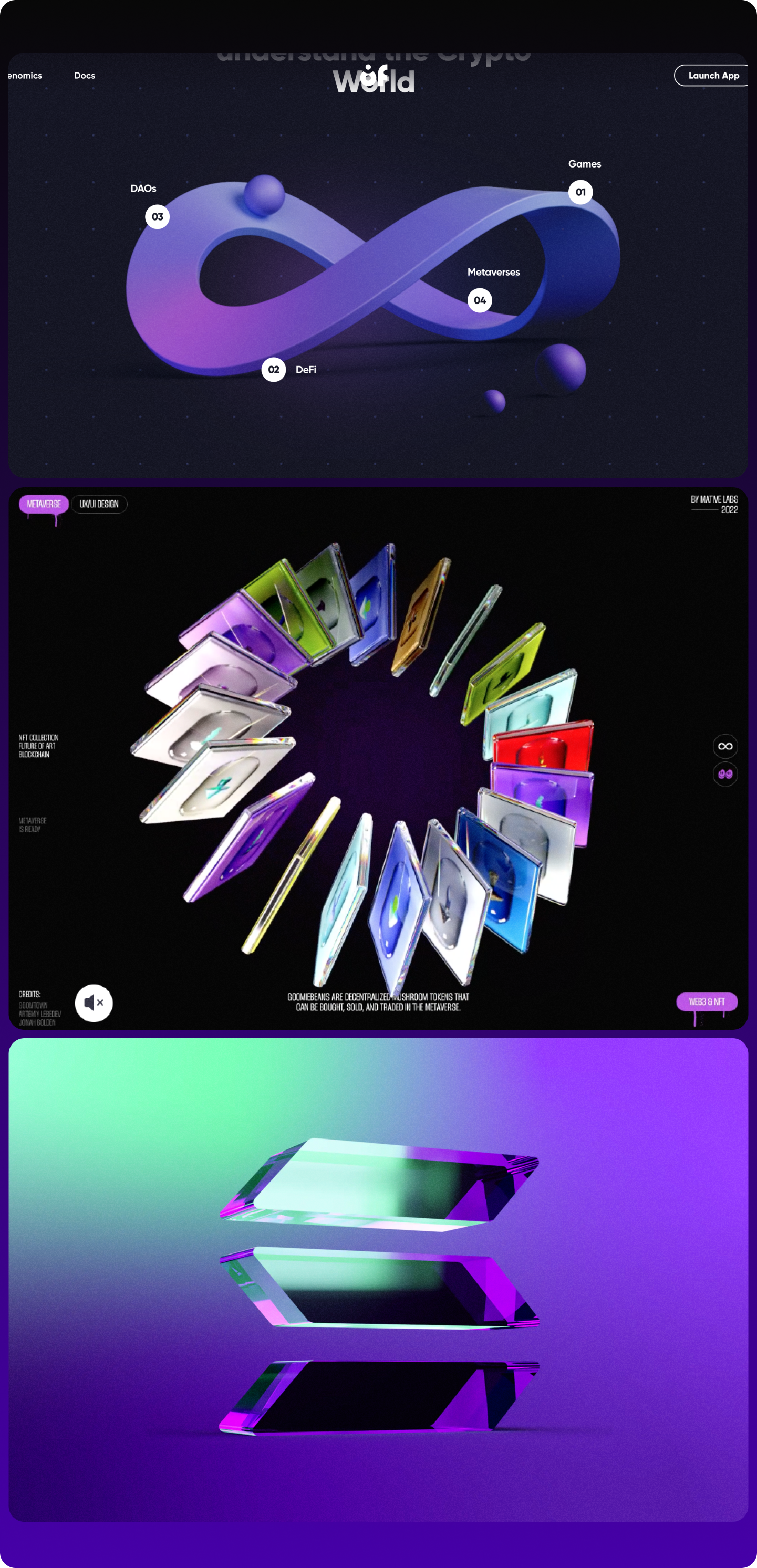 Board with screenshots of web3 services that use neon colors, abstract shapes and sci-fi-looking graphics