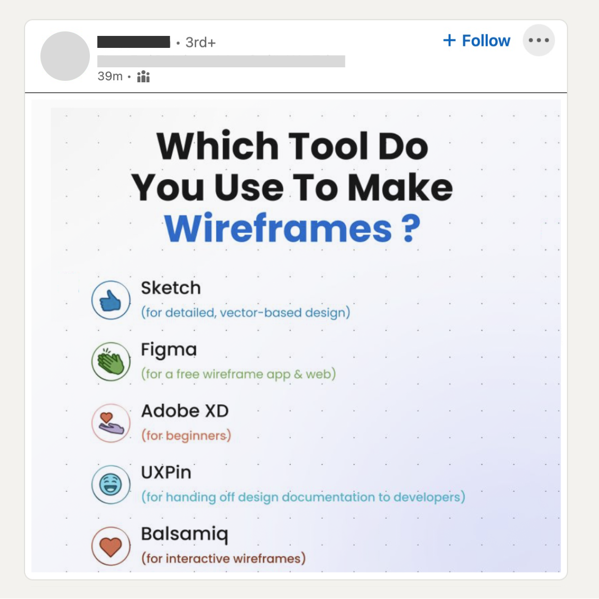 Post on Linkedin asking people to react with a different emoji based on which design tool they prefer