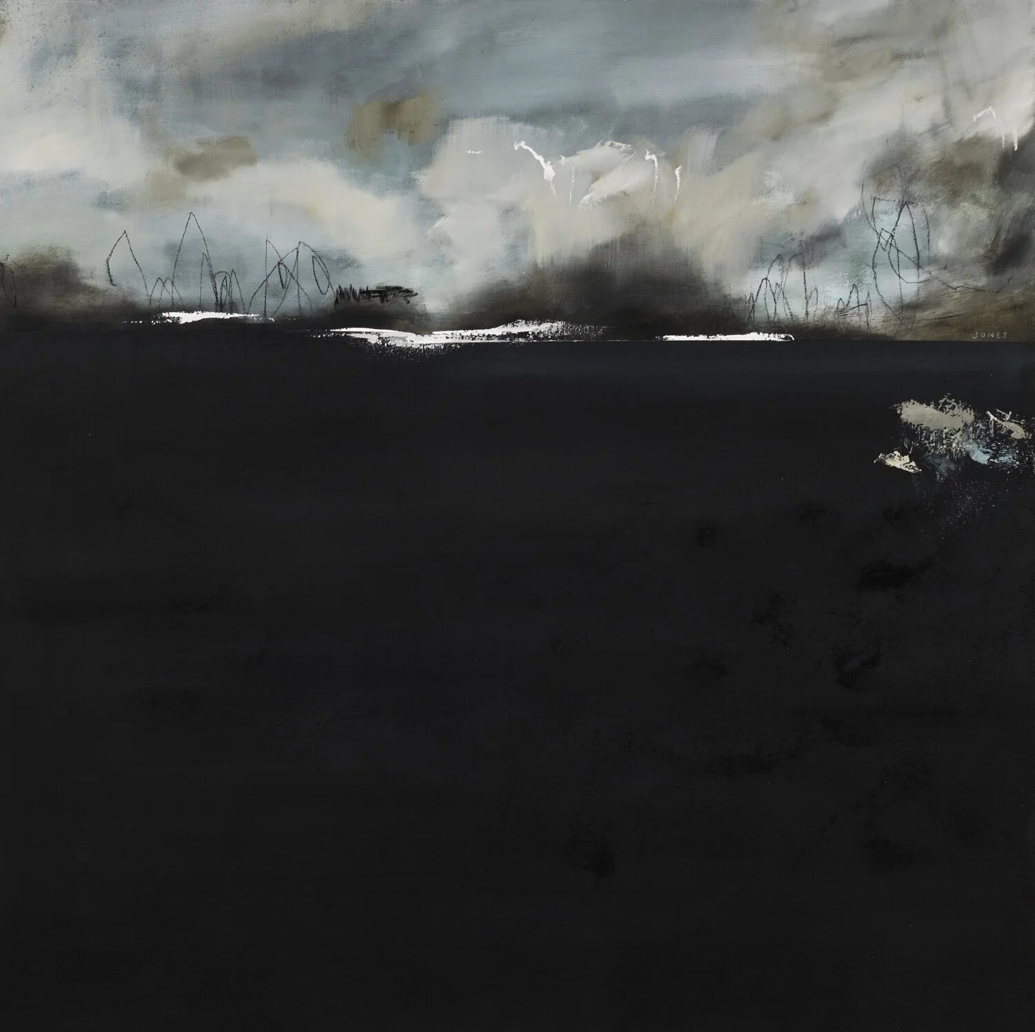 Dark Waters
Oil, chalk, charcoal, paper and cotton on canvas, 48 x 48 in.