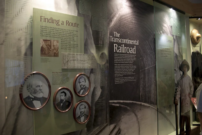 As the focus of the story changes, the look of the exhibit changes. This area tells the story of how The Transcontinental Railroad was devised and built.