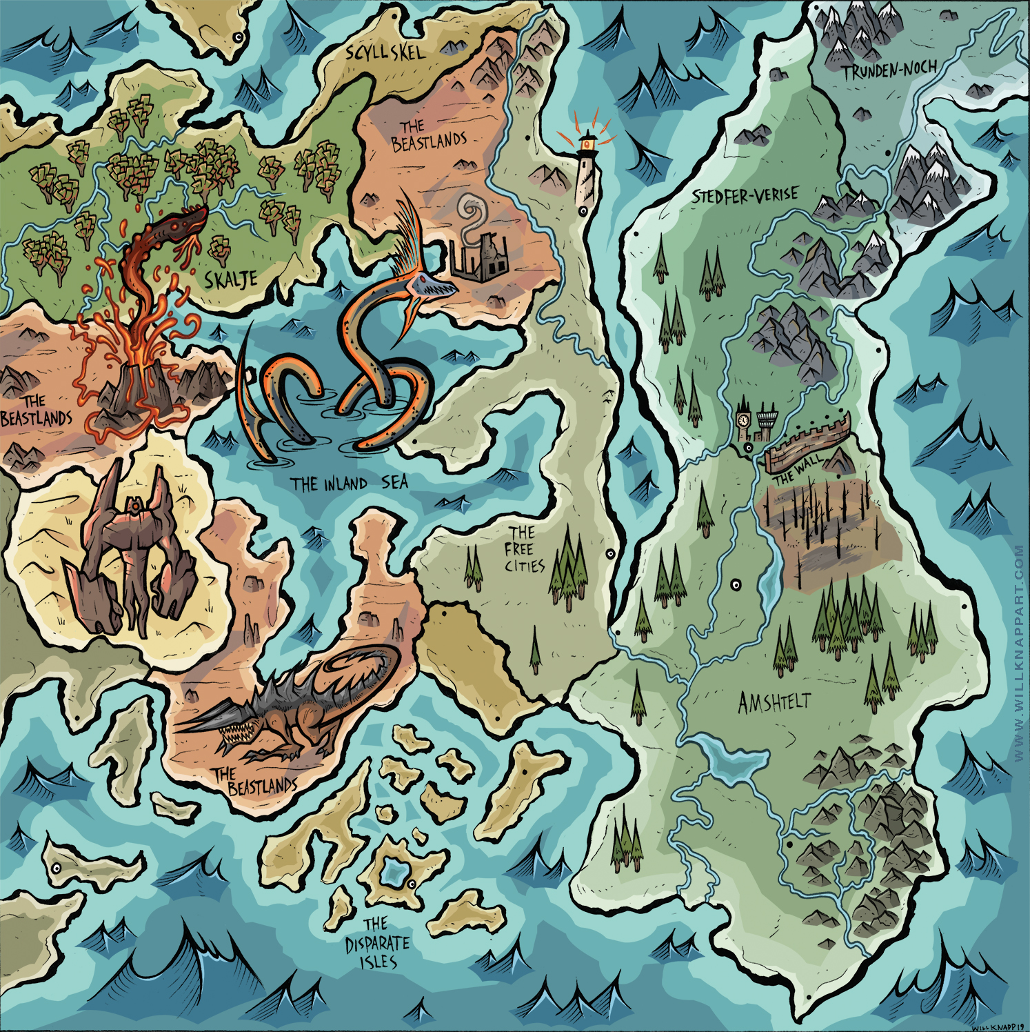  map of The Kingdoms (client work) traditional inks, digital color 