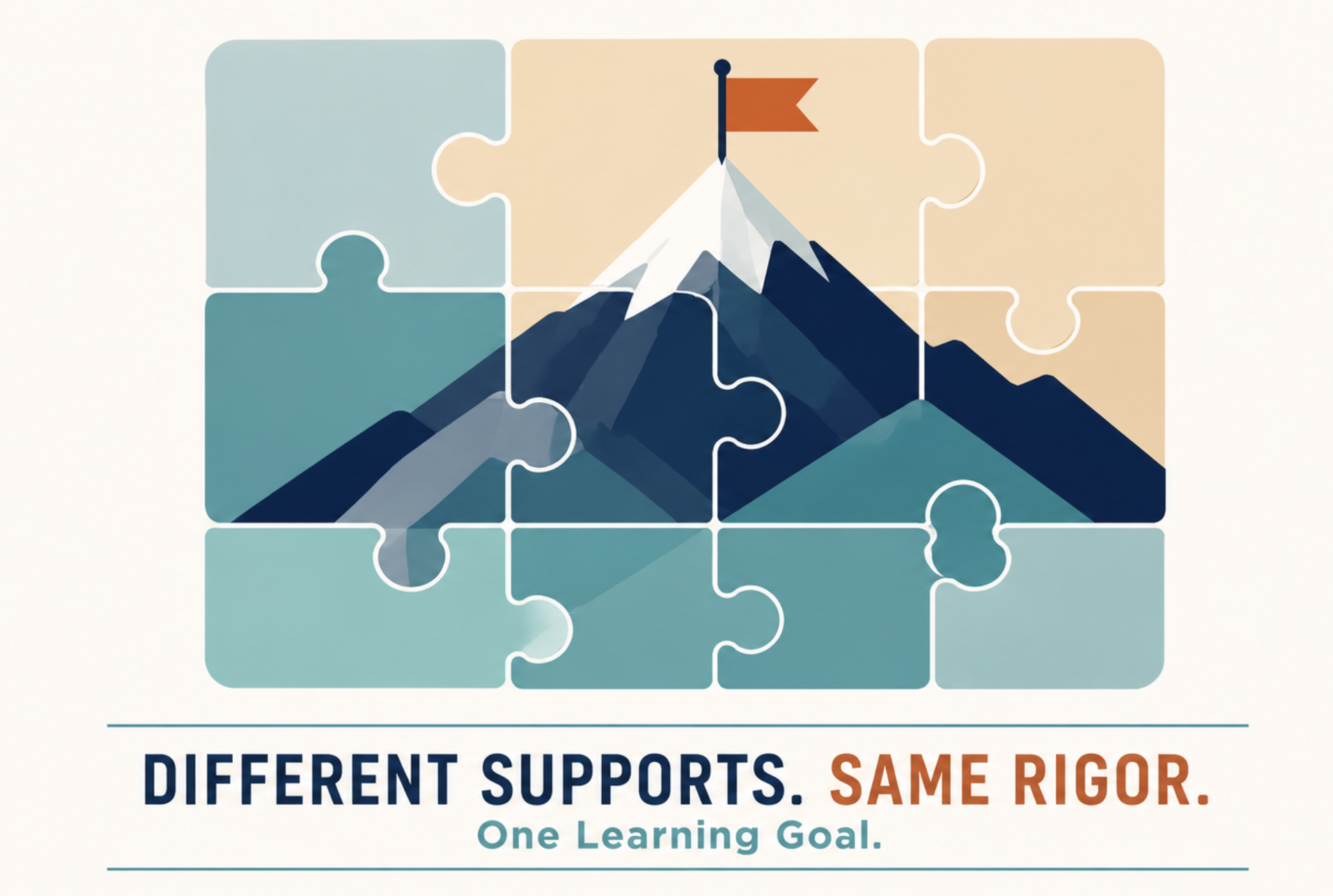 Illustration of puzzle pieces forming a mountain with a flag at its peak, representing different supports that help learners reach the same rigorous learning goal.