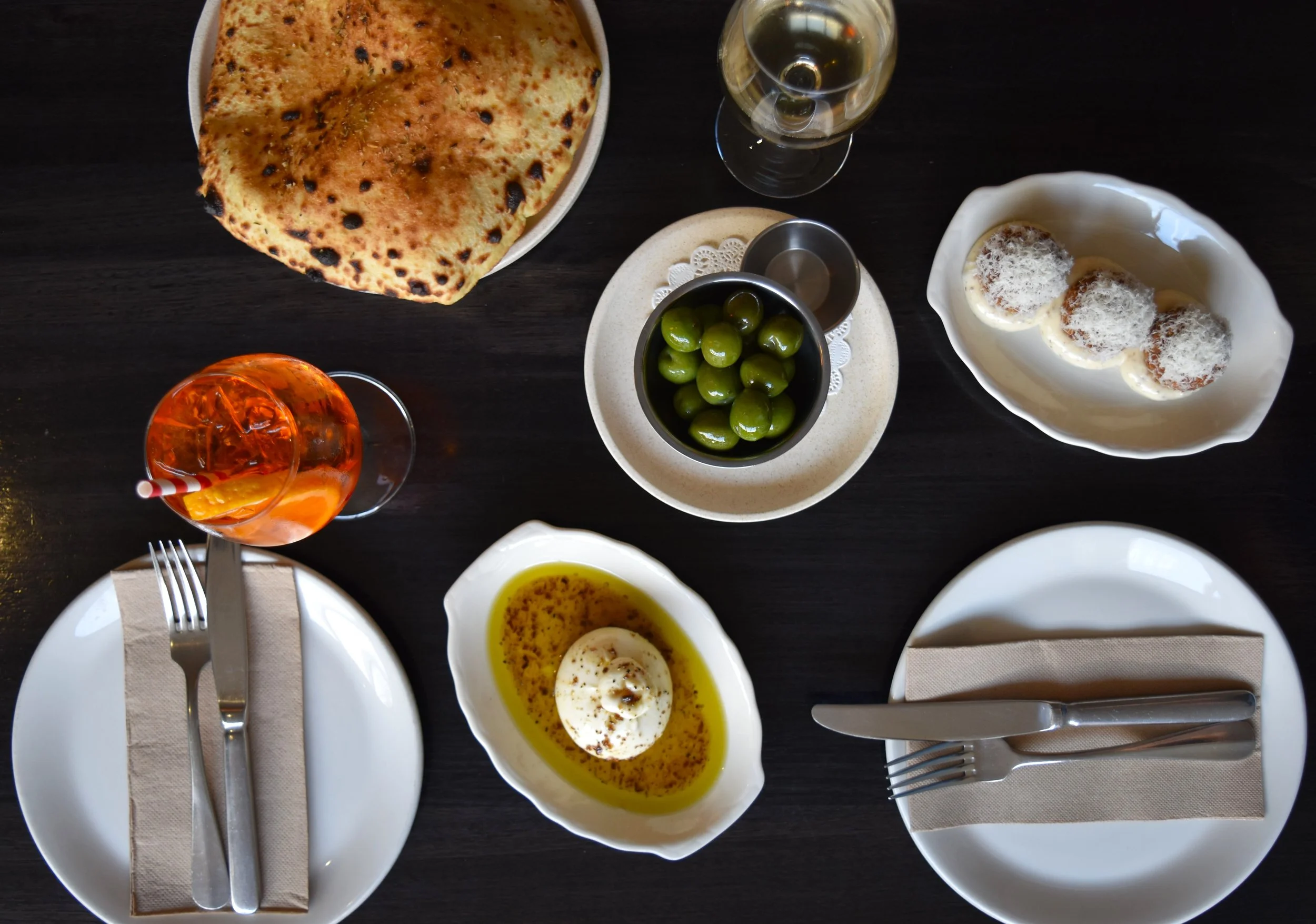 Small plates, shared plates, burrata and truffle honey, puffed flatbread, arancini