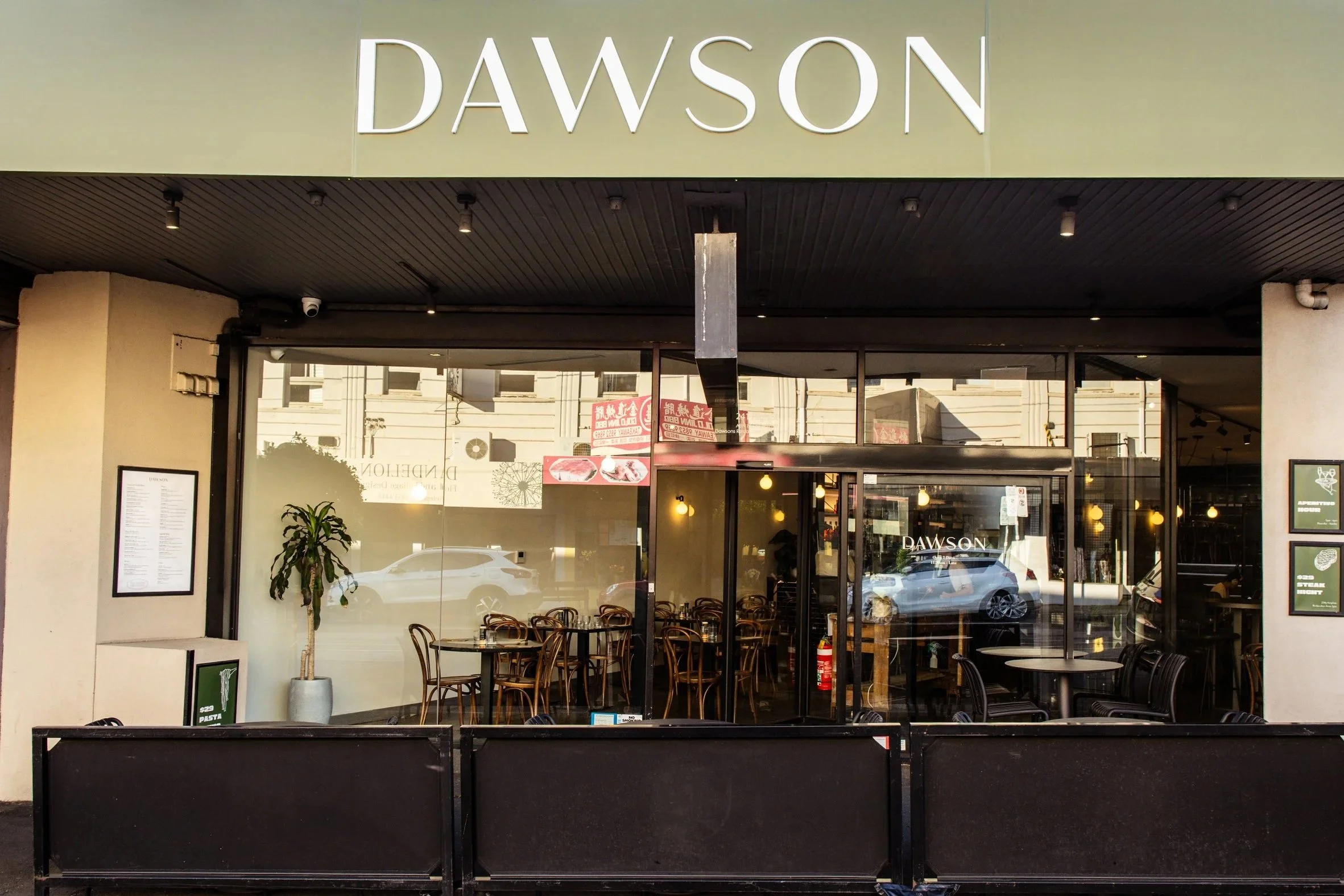 An image of the front facade of Dawson Neighbourhood Italian restaurant on High St, Kew Junction in Melbourne's eastern suburbs
