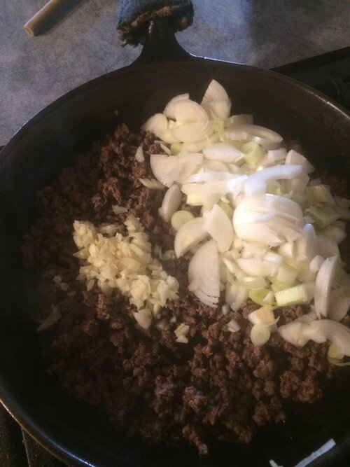 Harmonys Way Family Farm grassfed ground beef, onions and garlic. All harvested from our farm.