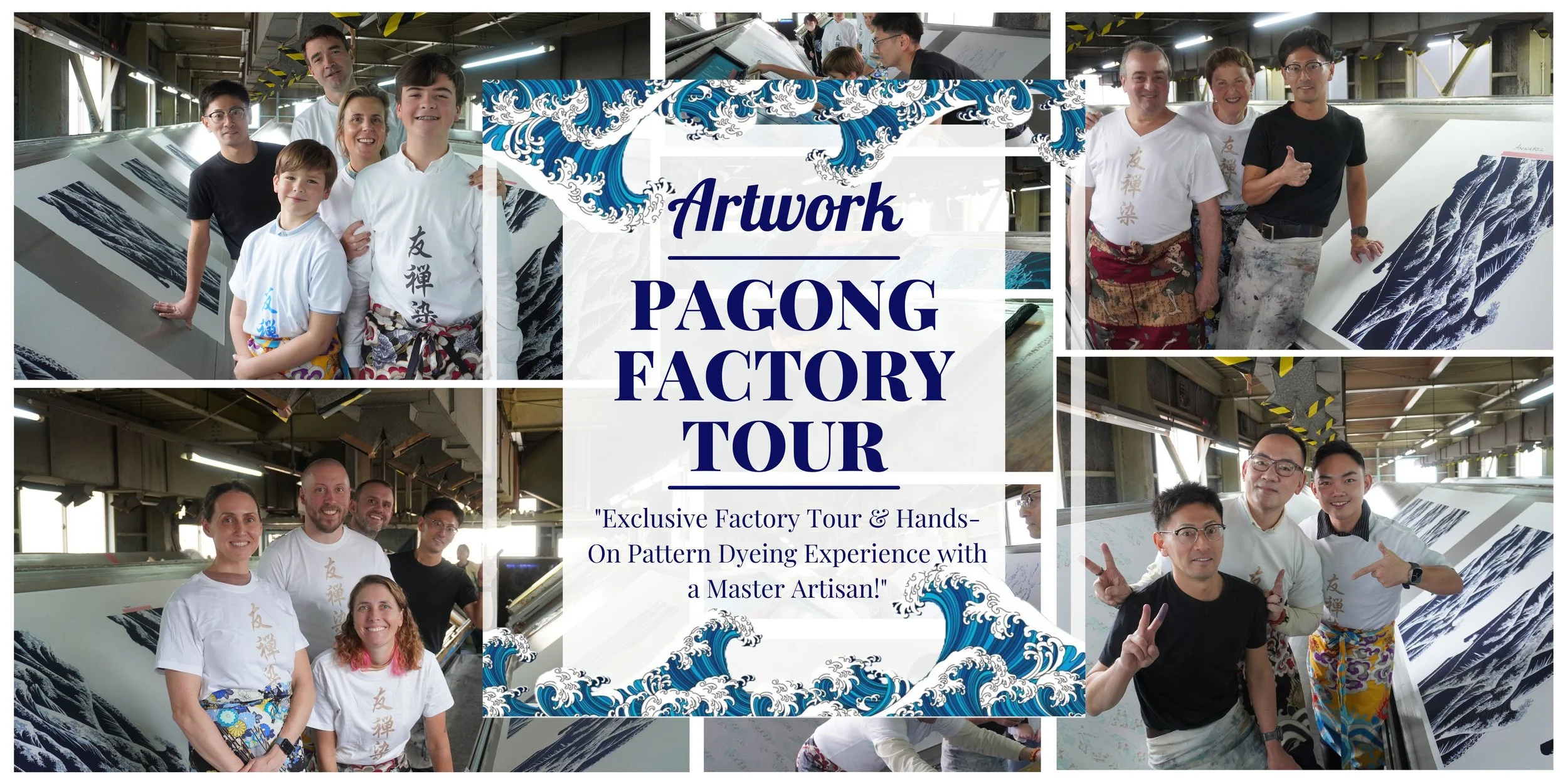 Group of people visiting Pagong Factory, posing with textile artworks, some wearing traditional dyeing attire, inside an industrial setting with textile prints displayed and machinery in the background.