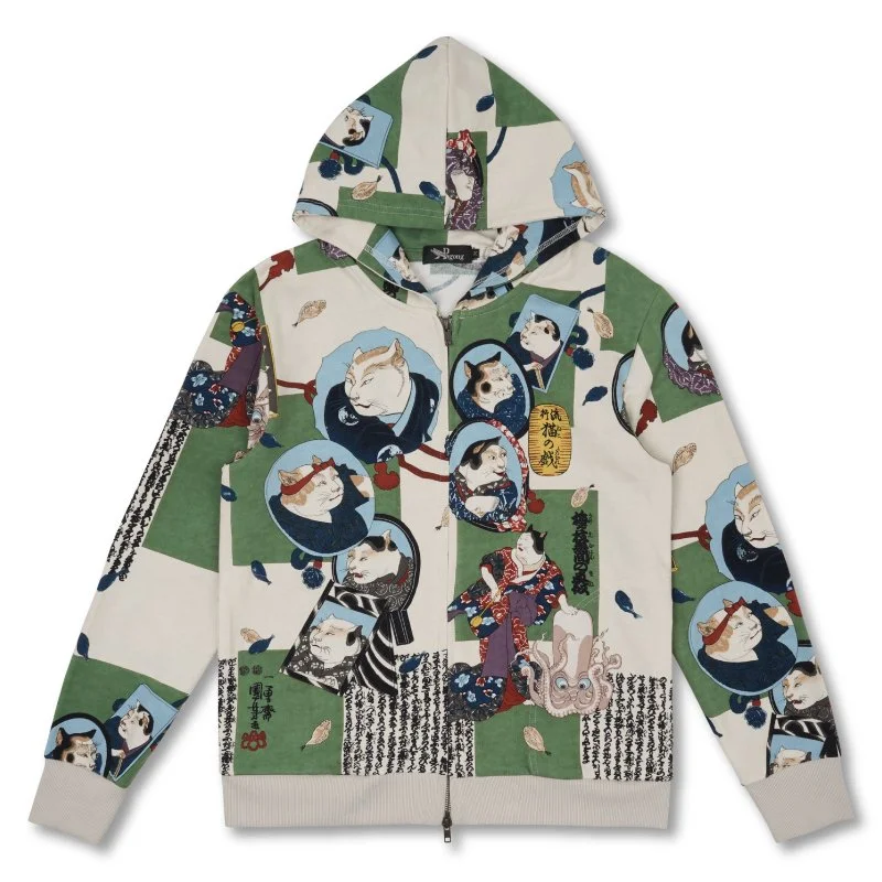 A zip up hoodie featuring Japanese kimono  artwork with " Kuniyoshi Loves Cats" various cats dressed in traditional clothing and decorative elements. Hand made and hand dyed