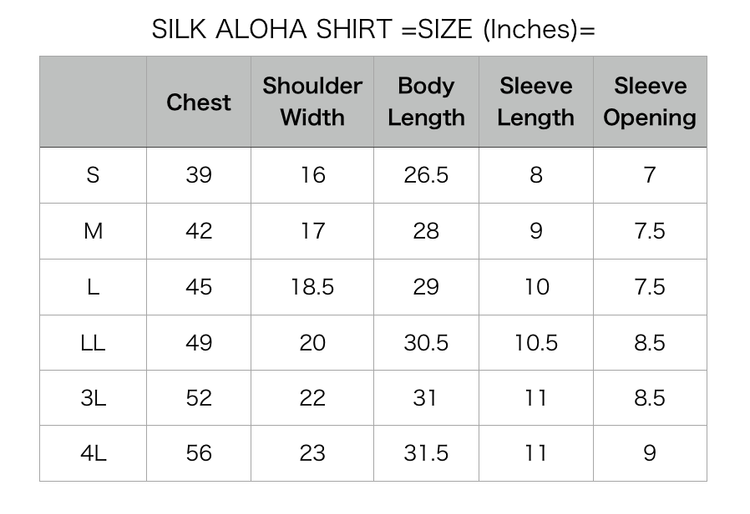 SIZE CHART Aloha Shirts Kimono Aloha shirts in Kyoto Japan