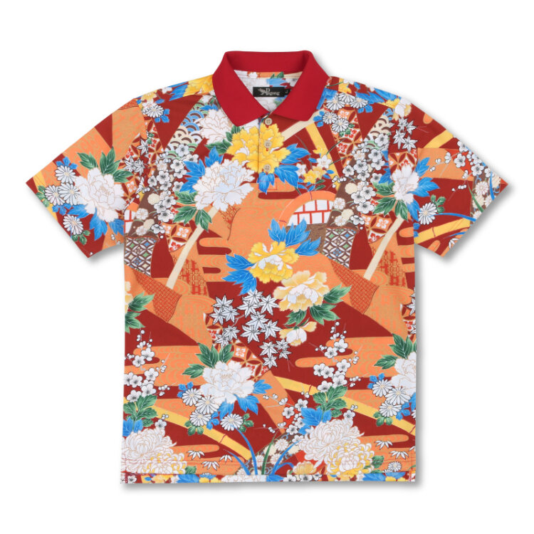 BAMBOO WITH FLOWERS | Men's POLO SHIRT - Japanese Kimono Aloha Shirts Pagong Kyoto Japan