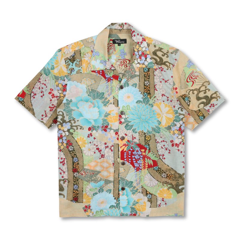 &quot;Floral Cascade&quot; Cotton Kimono Aloha Shirt
&lt; 2010 Summer Collection &gt;

This gorgeous pattern of a hundred flowers blooming in eclecticism on the surface of a fan was worn by a young woman in 1965. Many recent patterns borrow subject m