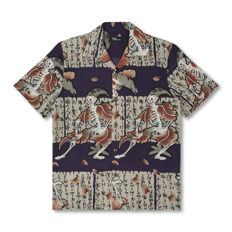 &quot;Kanjincho&quot; Dry Kimono Aloha Shirt
&lt; 2003 Summer Collection &gt;

This pattern shows a skeleton acting out like the famous Kanjincho.
Very unique patterns were painted on the inside of &quot;Juban&quot; (undergarments) and Haori (coat of