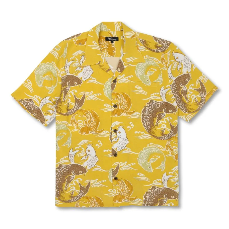 &rdquo;Majestic Carp&rdquo; Rayon Kimono Aloha Shirt
&lt; 2005 Summer Collection &gt;

In Japan, the carp, also known as koi, represents good luck, prosperity, and good fortune. Also, the word &ldquo;koi&rdquo; is pronounced the same as another word 