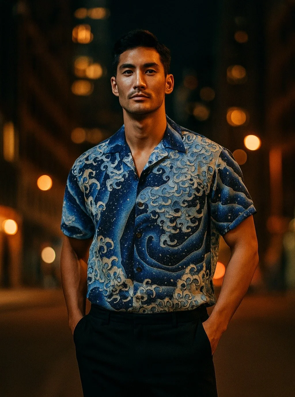 Hokusai's &quot;Masculine Wave&quot; Silk Kimono Aloha Shirt

&lt; 2019 Summer Collection &gt;

Katsushika Hokusai (1760-1849), a ukiyo-e wood-block print artist and master painter of the Edo era, was invited to Obuse by Takai Kozan, a wealthy farmer